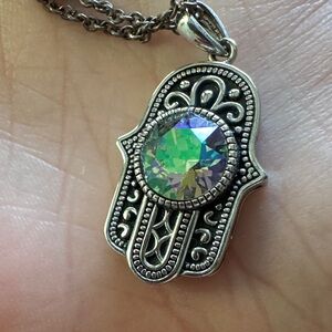Silver Hamsa Pendant Necklace with Iridescent Stone and sterling chain